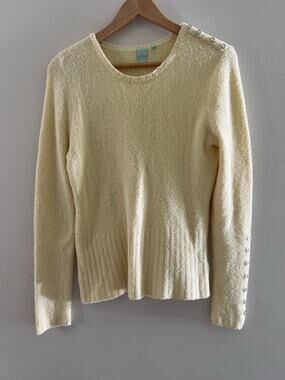 SHU SHU Soft Fuzzy Sweater Crew Neck Stretchy Silver Button Details Large JL